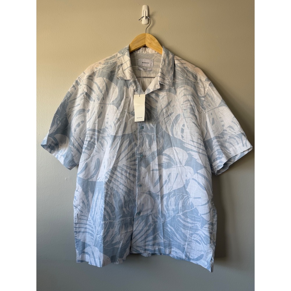 Reserved Mens XL Linen Blend Tropical Monstera Leaf Short Sleeve Camp Shirt Blue